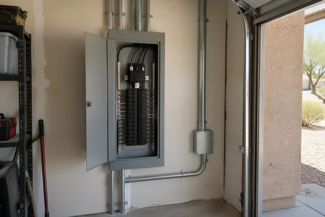 Newly installed 200 amp electrical panel and conduit in a garage in Avondale, AZ.