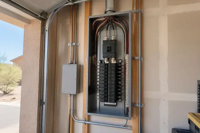 New electrical panel upgrade in a Tempe, AZ garage with copper wiring.