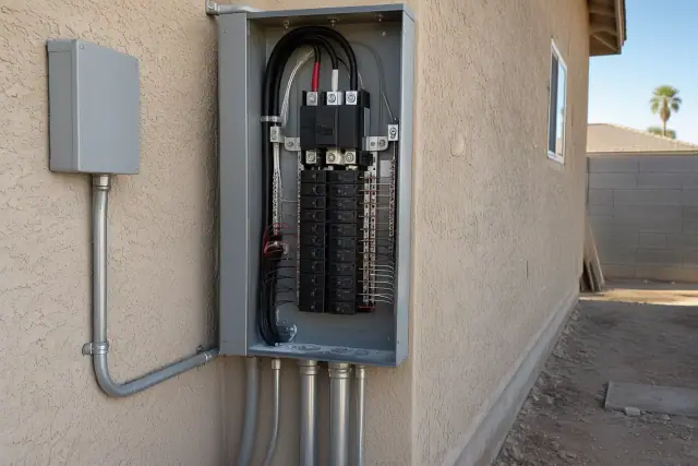 200 amp service upgrade with new breaker enclosure on a stucco wall in Phoenix, AZ.