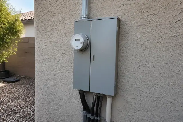 Upgraded 200 amp electrical panel and meter on a stucco wall in Peoria, AZ.