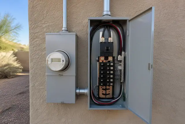 200 Amp electrical panel service upgrade on a stucco exterior wall in Scottsdale, AZ.