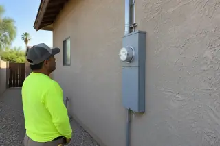 Worker observing finished 200 Amp service upgrade on a stucco exterior in Phoenix, AZ.
