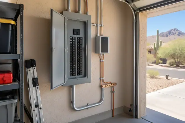 200 amp electrical service upgrade and surge protector in a Phoenix, AZ garage.