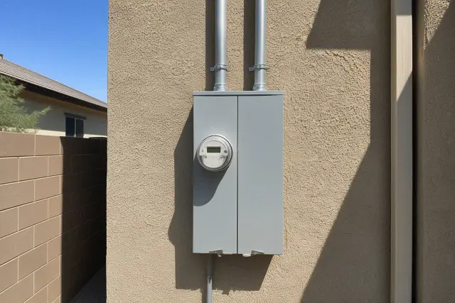 400 Amp service entrance and meter socket on a stucco wall in Phoenix, AZ.