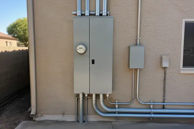 Completed 400 Amp electrical service upgrade on a stucco wall in Phoenix, AZ.