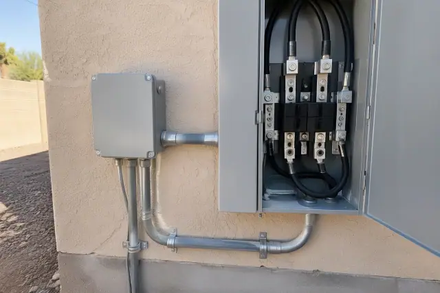 Whole house surge protector installation on a stucco wall in Phoenix, AZ.