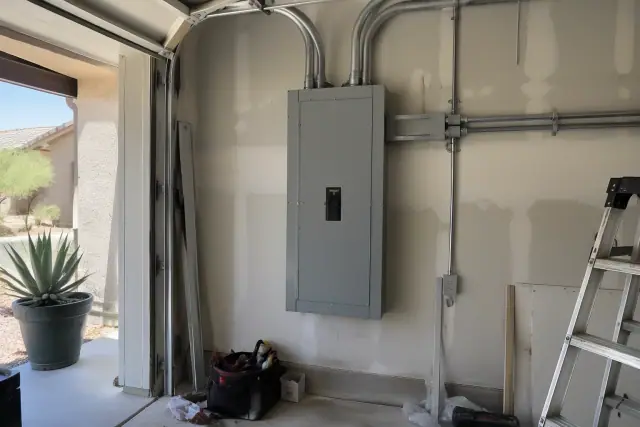 Electrical panel 400 amp service upgrade with conduit in a residential garage in Tempe, AZ.