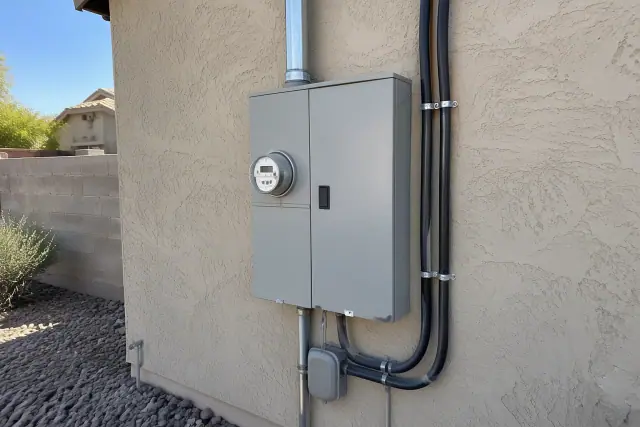 400 amp service upgrade on an exterior masonry wall with a utility meter and overhead conduit in Phoenix, AZ.