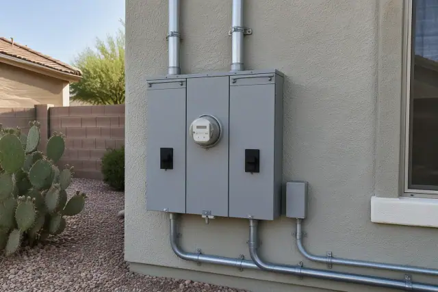 400 amp electrical panel service upgrade on an exterior masonry wall in Mesa, AZ.