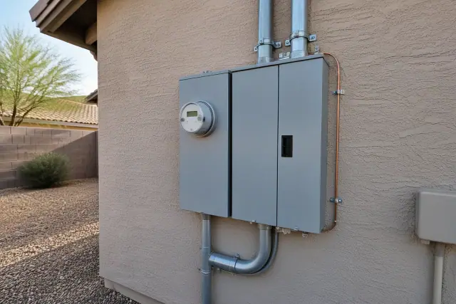 400 amp electrical panel upgrade on an exterior stucco wall with a utility meter and overhead conduit in Peoria, AZ.