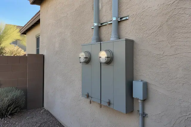 400 amp electrical panel upgrade with utility meter and conduit on a stucco wall in Surprise, AZ.