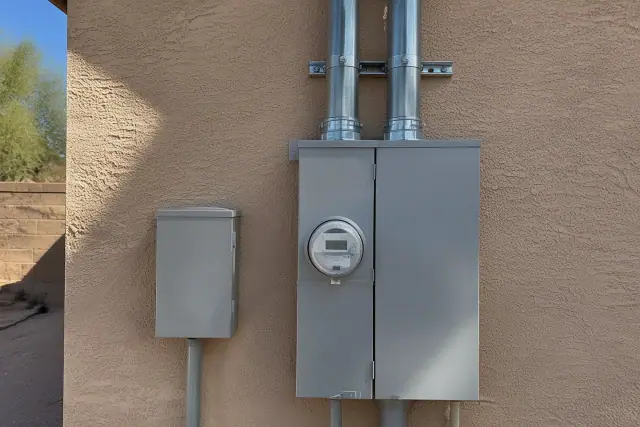Technician photo of a 400 amp electrical panel upgrade with conduit on a stucco wall in Avondale, AZ.