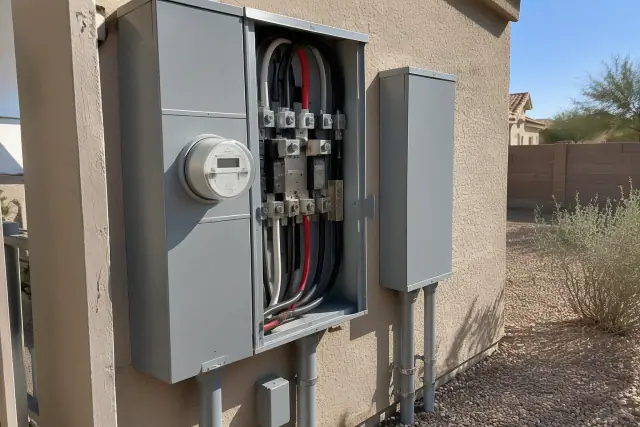 400 Amp service upgrade with heavy-gauge feeder cables on an exterior stucco wall in Phoenix, AZ.