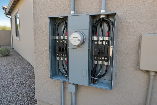 400 amp electrical service upgrade with dual breakers on a stucco wall in Chandler, AZ.