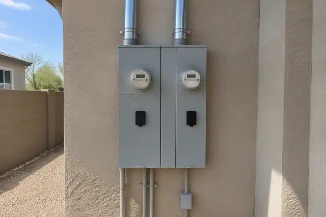 400 amp electrical panel upgrade on a stucco exterior wall with overhead conduit in Buckeye, AZ.