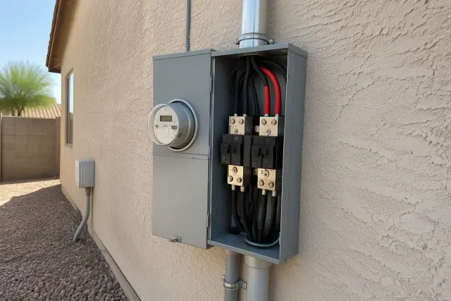 400 Amp electrical panel upgrade with heavy-gauge conductors and overhead conduit on a stucco wall in Glendale, AZ.