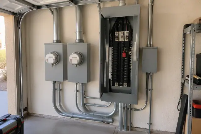 Electrical panel upgrade with dual meter sockets and conduit in a Scottsdale, AZ residential garage.
