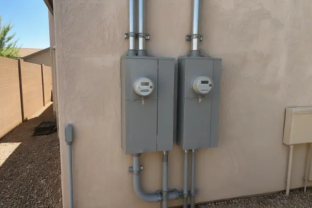 400 amp electrical panel and utility meter upgrade on an exterior stucco wall in Gilbert, AZ.