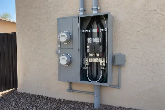 400 amp service upgrade with heavy-gauge conductors and meter-main cabinet on a stucco wall in Phoenix, AZ.
