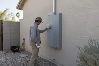 Worker cleaning up after a 400 Amp service upgrade on a stucco wall in Phoenix, AZ.