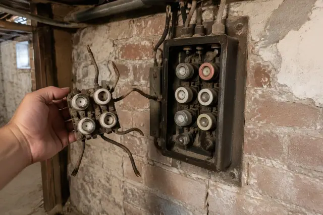 Contractor holding an unpowered ceramic fuse block with frayed wiring by an aged brick foundation in Phoenix, AZ.