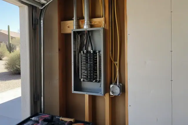 Contractor photo of a new electrical subpanel and wall studs in a Phoenix, AZ garage.