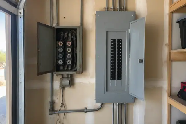 Vintage fuse box beside a modern breaker panel on a stucco garage wall in Phoenix, AZ.