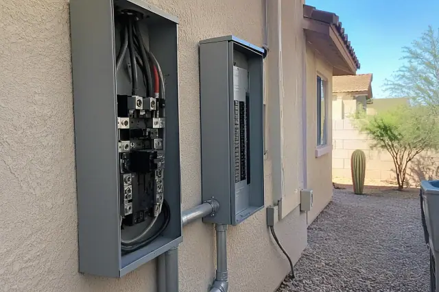 Electrician assessing 400 amp and subpanel options on a home exterior in Phoenix, AZ.