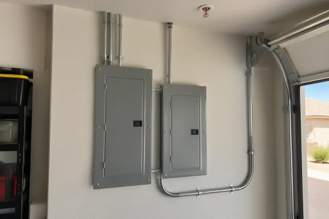 Attached garage subpanel mounted beside the main breaker panel on a drywall partition in Phoenix, AZ.