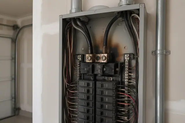 Soot staining and thermal discoloration on a breaker box in a Phoenix, AZ garage.