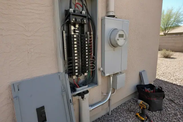 Circuit breaker and fuse box replacement on a stucco wall in Phoenix, AZ.
