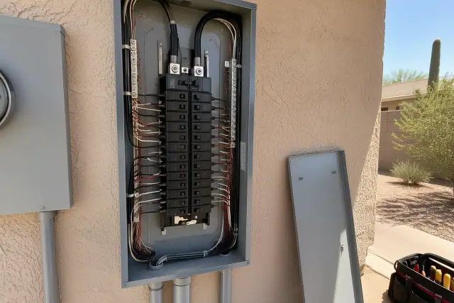 Circuit breaker diagnosis and repair in an open electrical panel at a Phoenix, AZ home.