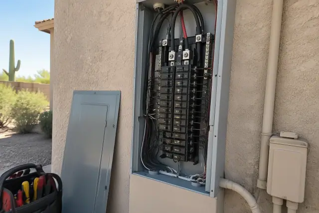 Contractor repairing a circuit breaker for a Federal Pacific panel on a residential stucco wall in Phoenix, AZ.
