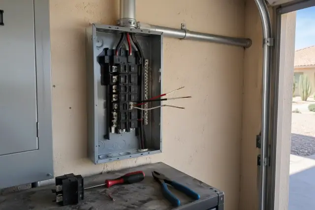 Circuit breaker repair and subpanel installation in a residential garage in Phoenix, AZ.