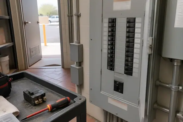 Commercial utility room in Phoenix, AZ with a newly replaced circuit breaker and an old scorched breaker on a cart.