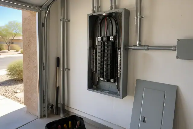 Electrical panel circuit breaker repair and replacement in a Peoria, AZ residential garage.