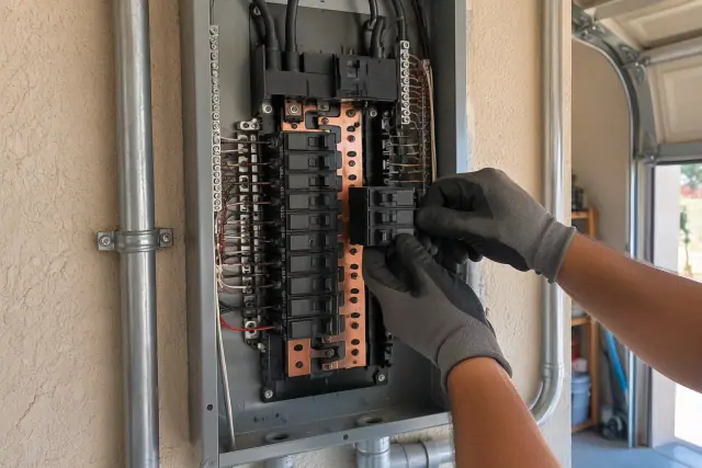 Technician photo of an open electrical panel with exposed copper bus bars and a new breaker switch in a Surprise, AZ garage.