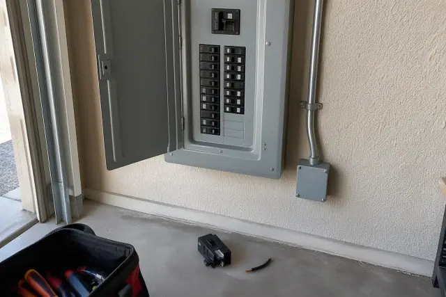Newly installed circuit breaker switch on an electrical panel inside a garage in Buckeye, AZ.