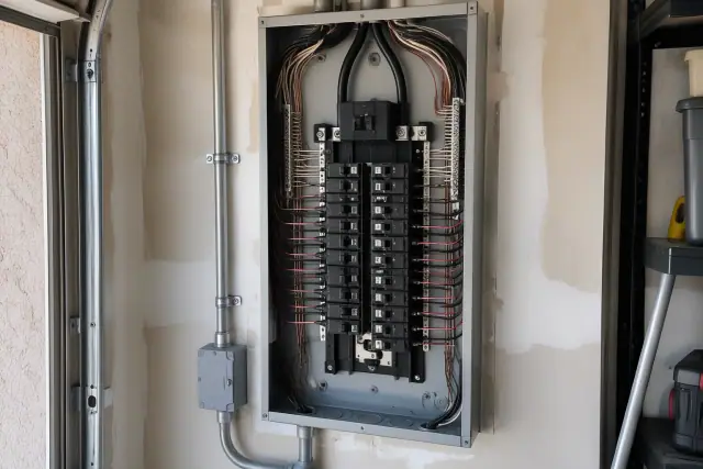 Upgraded circuit breakers and clean wiring in a residential electrical panel in Glendale, AZ.