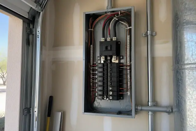 Circuit breaker repair and replacement in progress inside a residential garage in Phoenix, AZ.