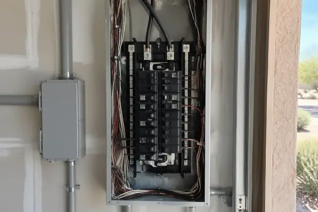 Circuit breaker replacement on an interior garage drywall partition in Tempe, AZ.