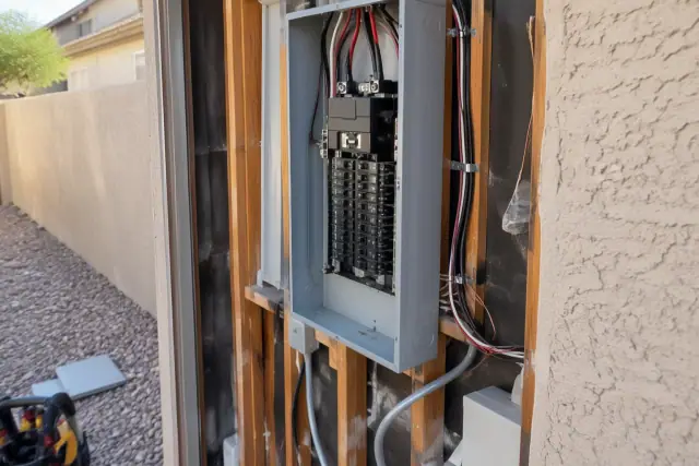 A technician repairing a circuit breaker on a stucco exterior wall in Phoenix, AZ.