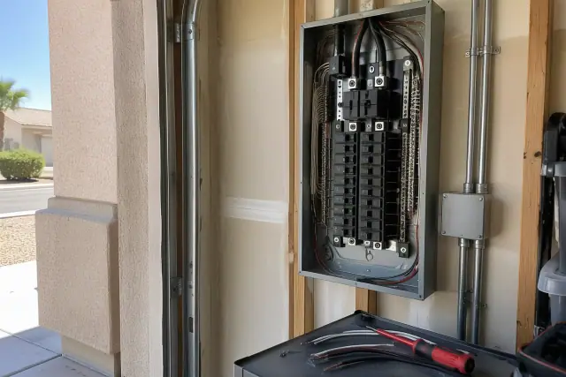 Contractor repairing an electrical panel with circuit breakers inside a residential garage in Avondale, AZ.