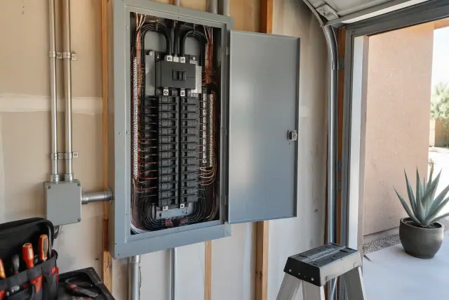 Circuit breaker repair and replacement in an electrical panel inside a garage in Gilbert, AZ.
