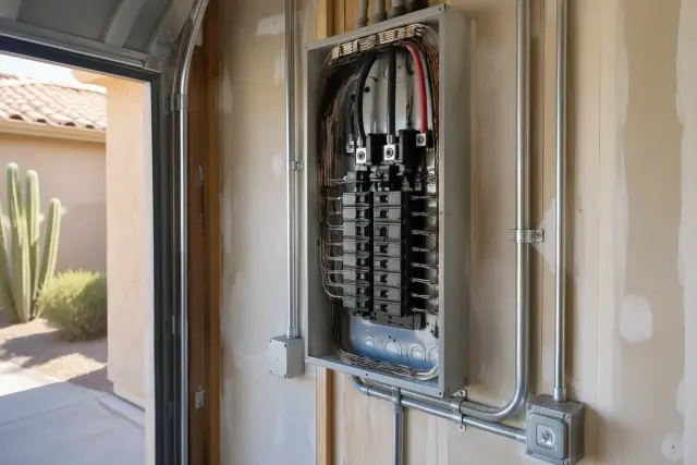 Circuit breaker repair and replacement in an electrical panel inside a garage in Scottsdale, AZ.