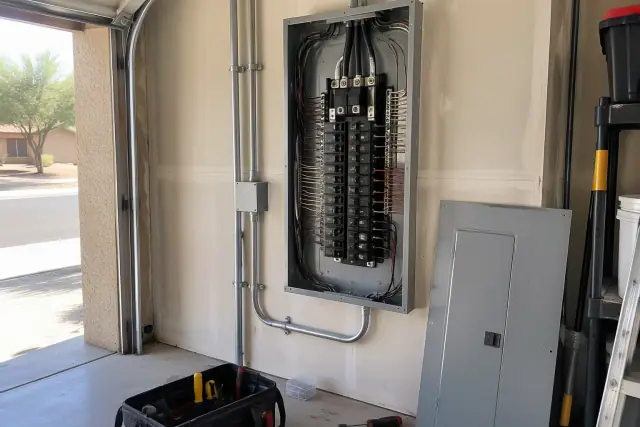 Contractor photo of electrical panel circuit breaker repair in a Mesa, AZ residential garage.
