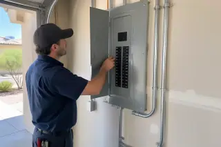 Service professional inspecting a breaker enclosure on a garage wall in Phoenix, AZ.