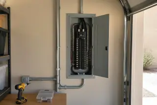 Completed circuit breaker enclosure and conduit on a garage wall in Phoenix, AZ.