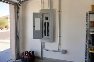Breaker enclosure and conduit on an interior garage drywall partition in Phoenix, AZ.