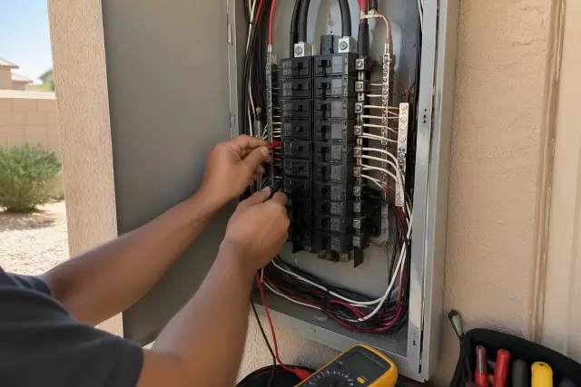 Technician troubleshooting an open electrical panel with internal wiring harnesses in Phoenix, AZ.